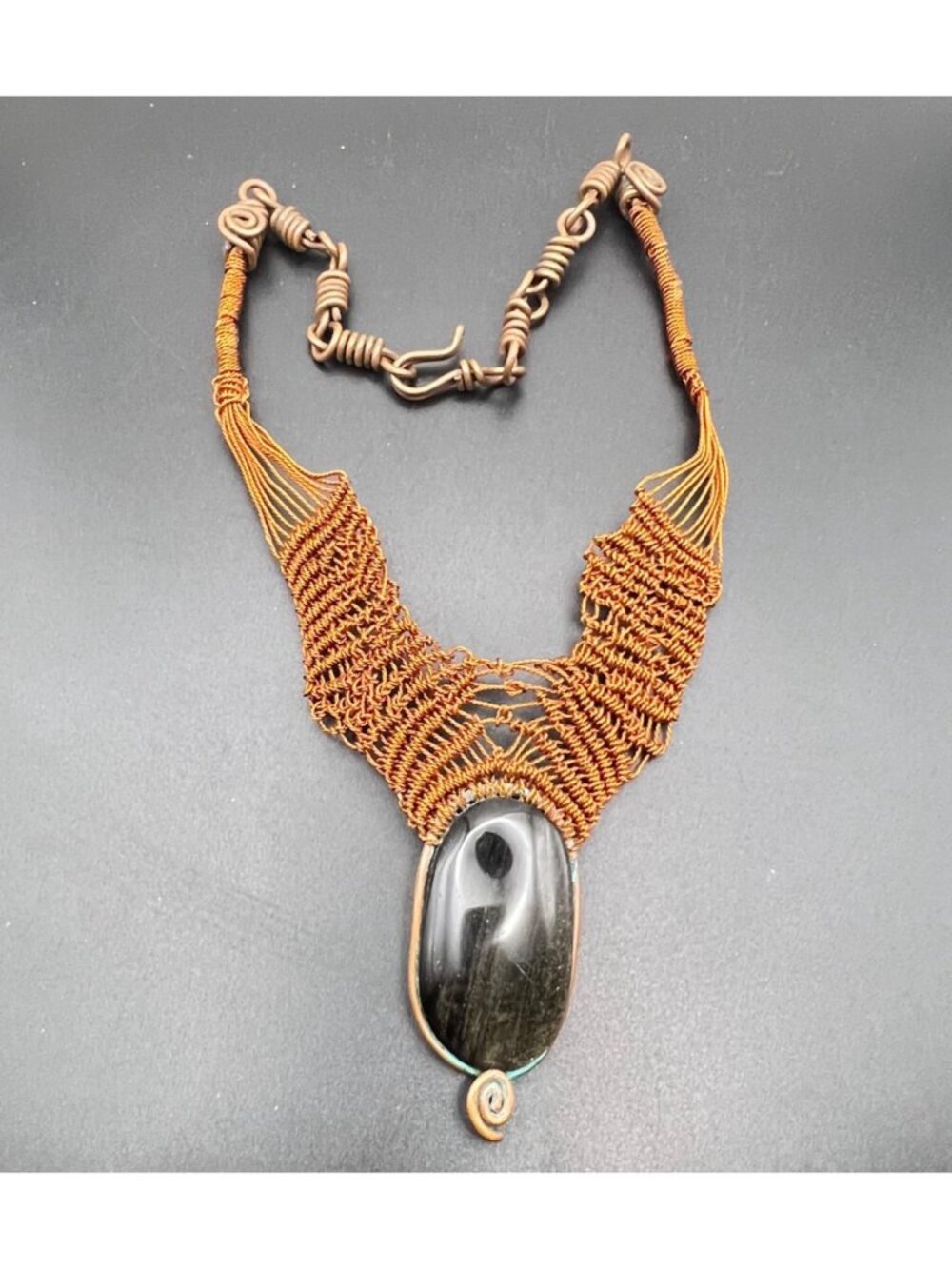 Handmade Copper Wire Wrapped Silver Sheen Obsidian Necklace Boho Statement - Picture 11 of 11